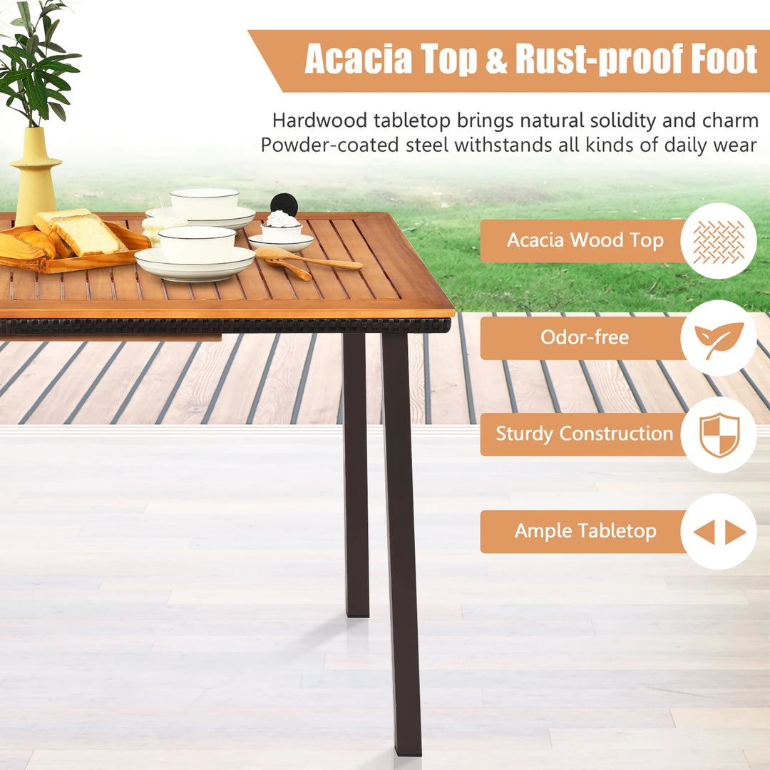 Outdoor Rectangle Acacia Wood Dining Table – 55” Patio Table with 2” Umbrella Hole and Steel Frame