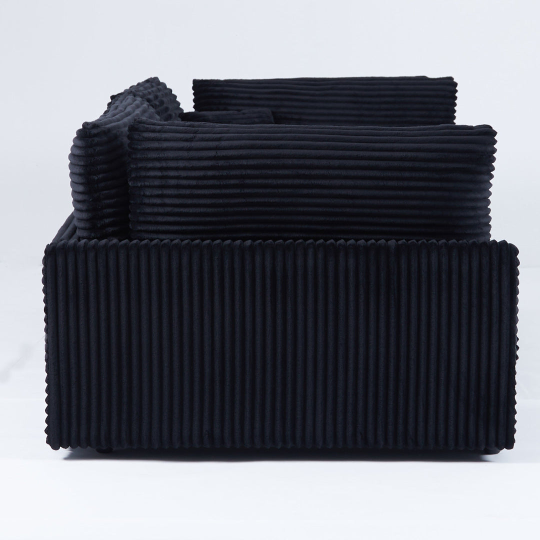 112-Inch Black Corduroy Sofa β Deep Seat, Double-Layer Cushion, 4-Seater with Pillows