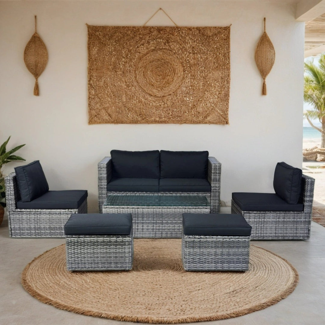 6-Piece Grey Wicker Patio Sectional Set with Black Cushions