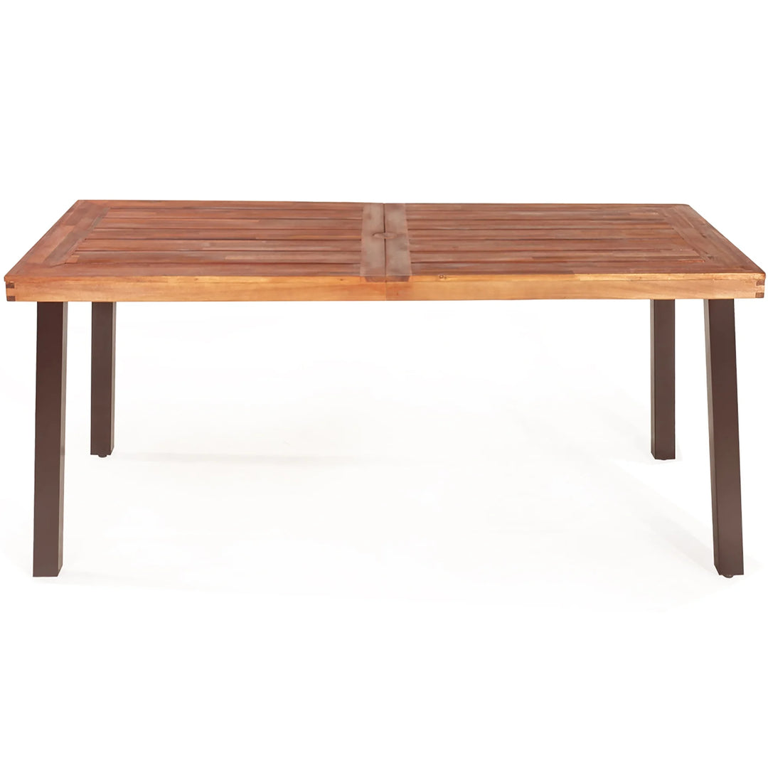 67.5" Rectangular Acacia Wood Dining Table – Indoor/Outdoor Rustic Table with Steel Legs & Umbrella Hole
