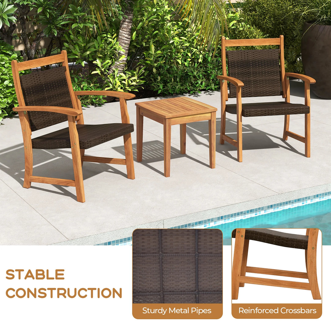 3-Piece Wicker Patio Bistro Set with Acacia Wood Side Table β Outdoor Chair Set for Porch, Balcony, or Backyard
