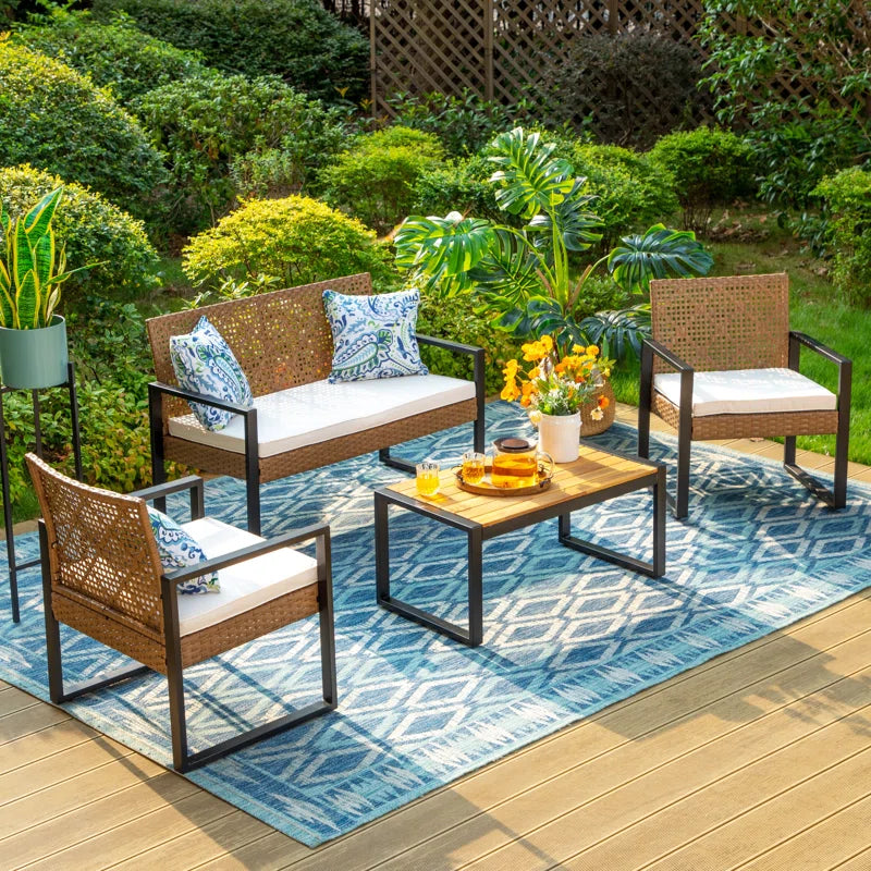 Armantine Darb 4-Person Wicker Patio Set | Acacia Wood Table & Cushioned Seating