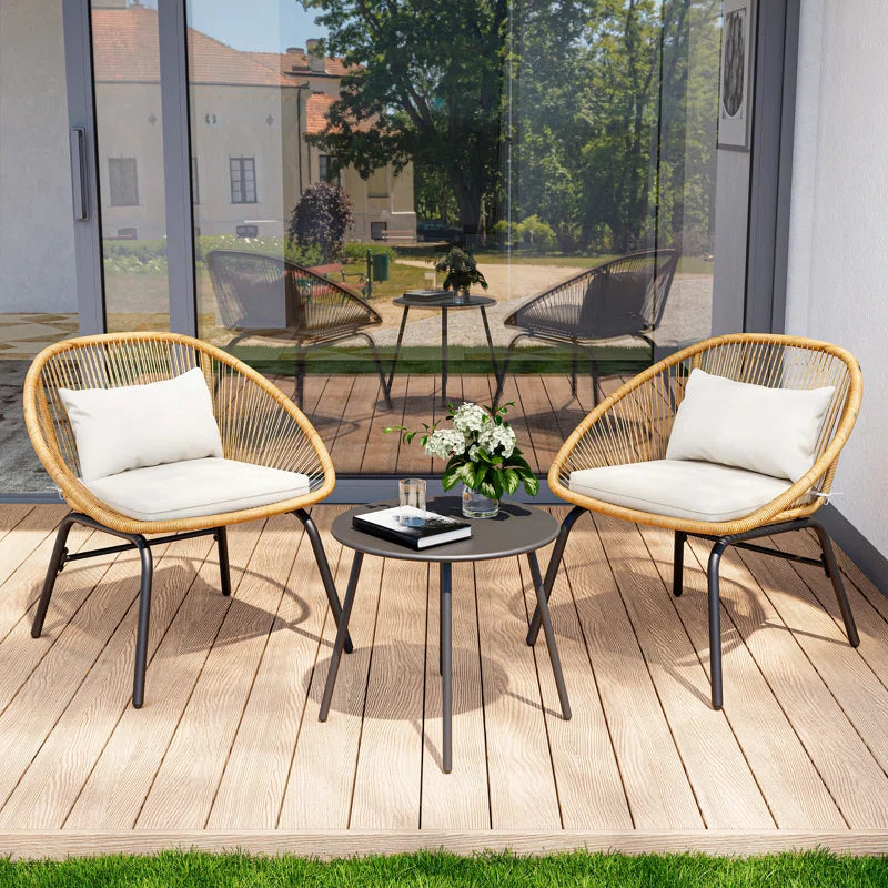 3-Piece Rattan Patio Bistro Set β Handwoven Chairs with Cushions & Round Coffee Table