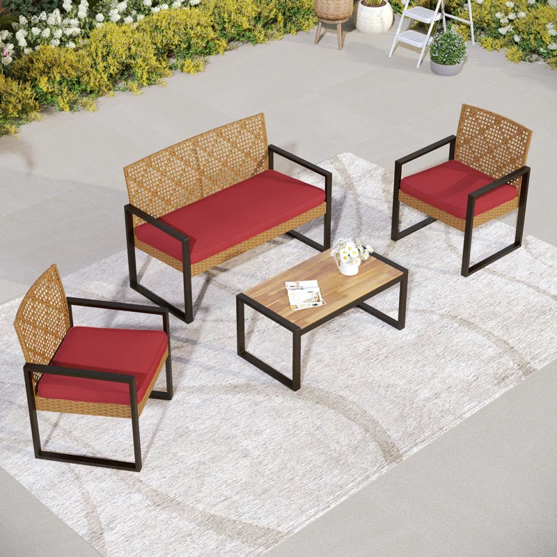 Armantine Darb 4-Person Wicker Patio Set | Acacia Wood Table & Cushioned Seating