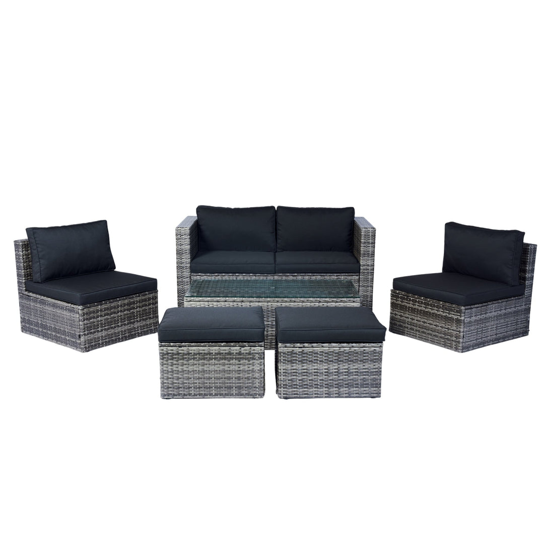 6-Piece Grey Wicker Patio Sectional Set with Black Cushions