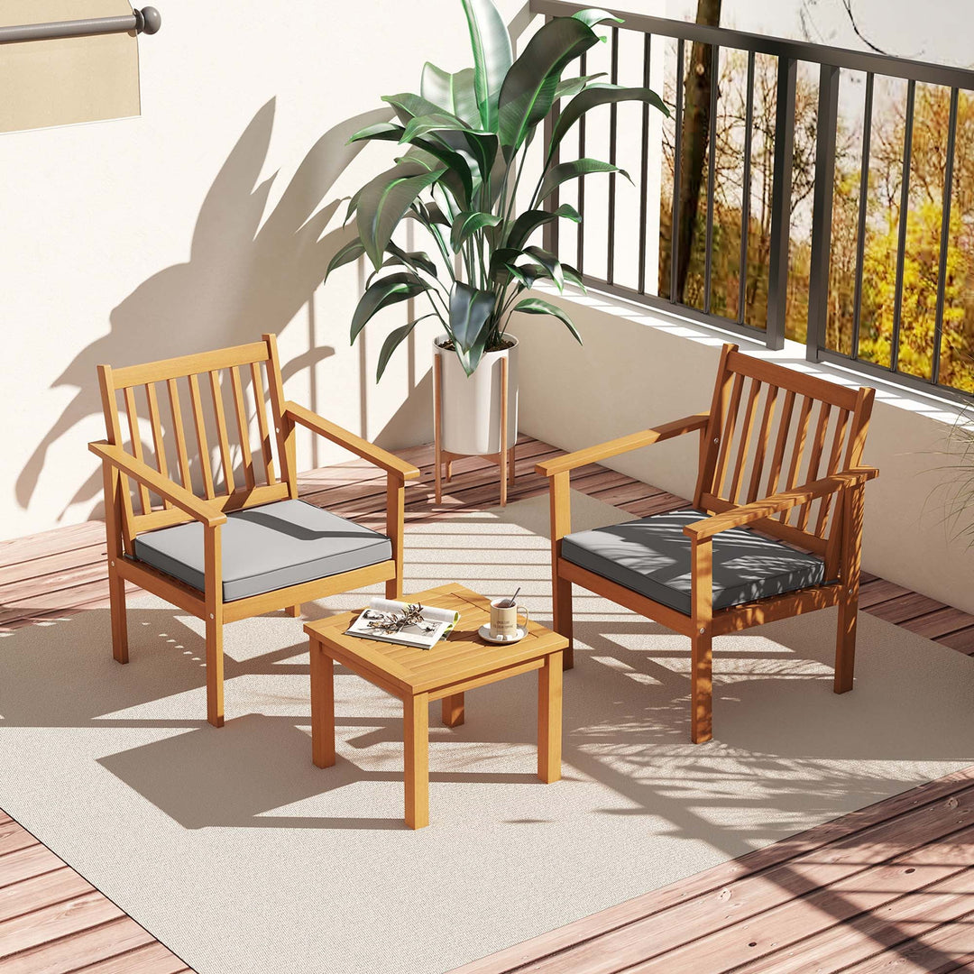 3-Piece Acacia Wood Outdoor Patio Set | Natural Finish with Gray Cushions