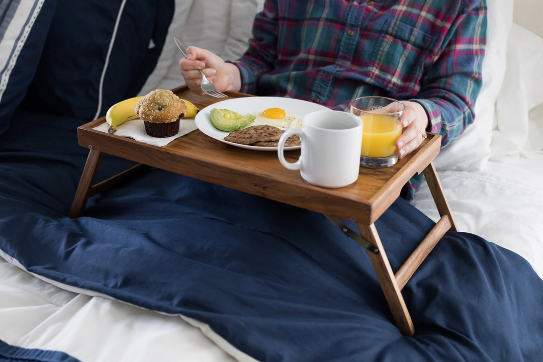 (4-Pack) Natural Acacia Wood Bed Trays with Foldable Stands | Breakfast & Laptop Tray Set