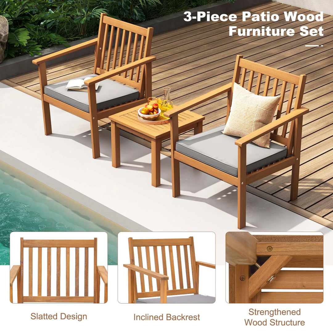3-Piece Acacia Wood Outdoor Patio Set | Natural Finish with Gray Cushions