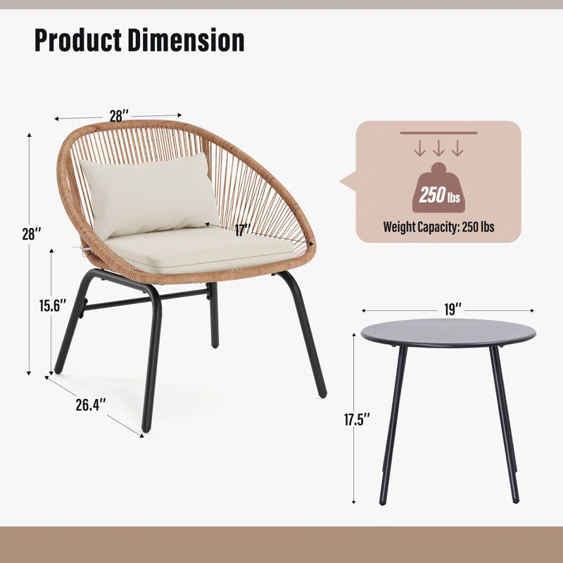 3-Piece Rattan Patio Bistro Set β Handwoven Chairs with Cushions & Round Coffee Table