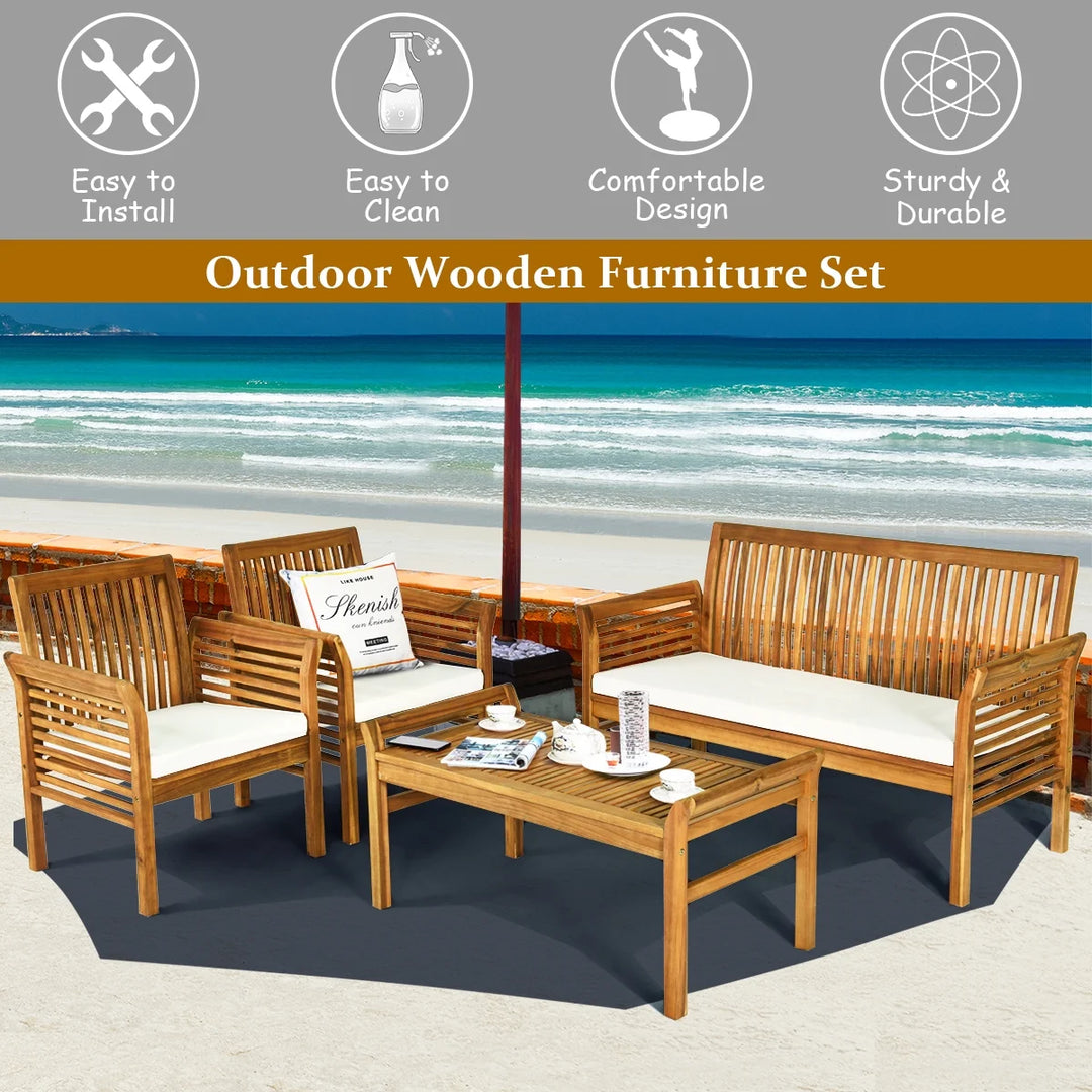4-Piece Outdoor Sofa Set β Acacia Wood Patio Seating with Cushions and Coffee Table
