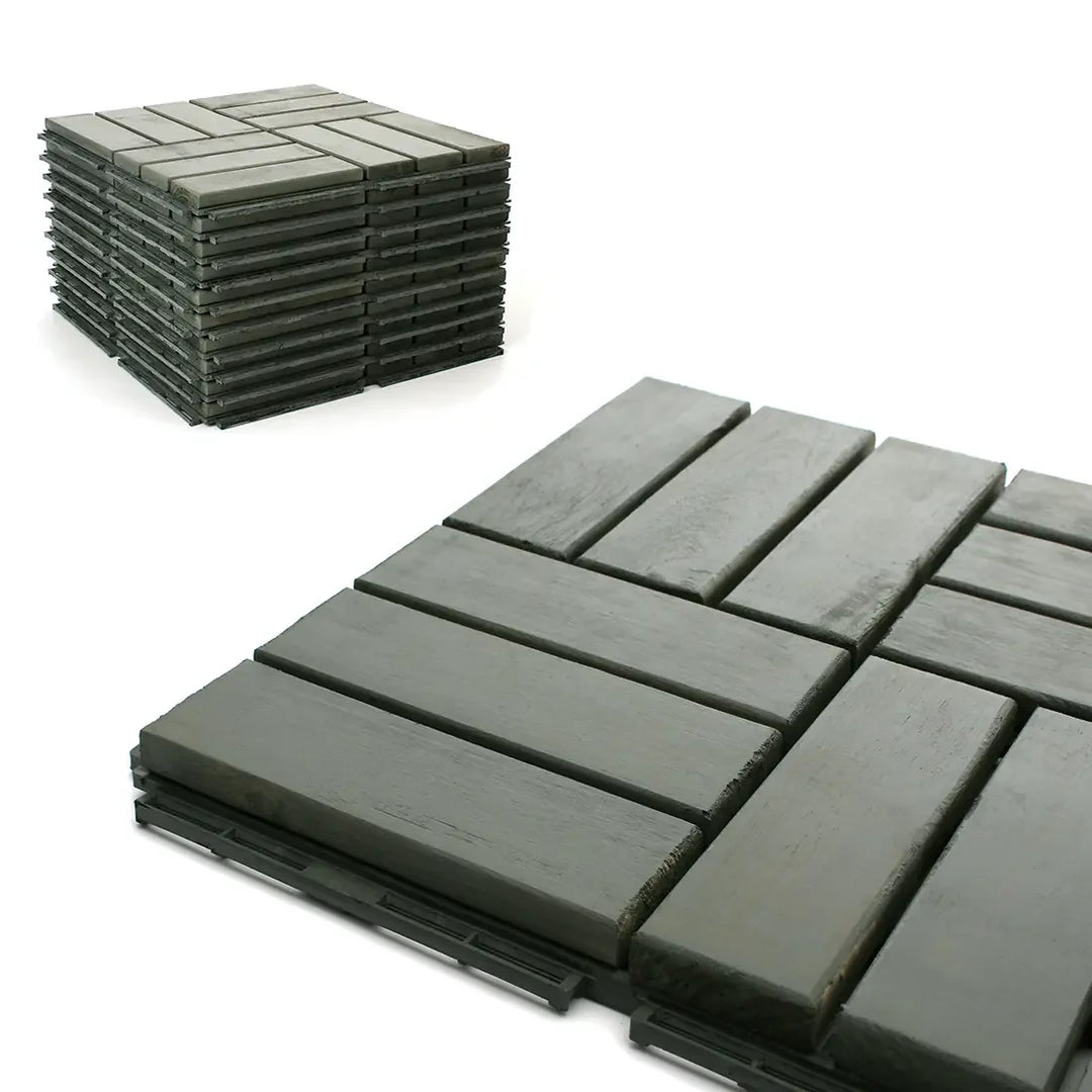 Modern Grey 12 Slat Checkered Acacia Deck Tiles - Interlocking Flooring