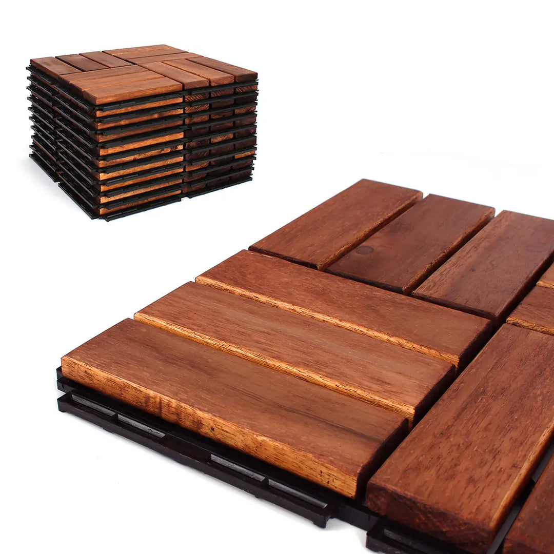 Oiled Acacia 12 Slat Checkered Deck Tiles - Interlocking Flooring