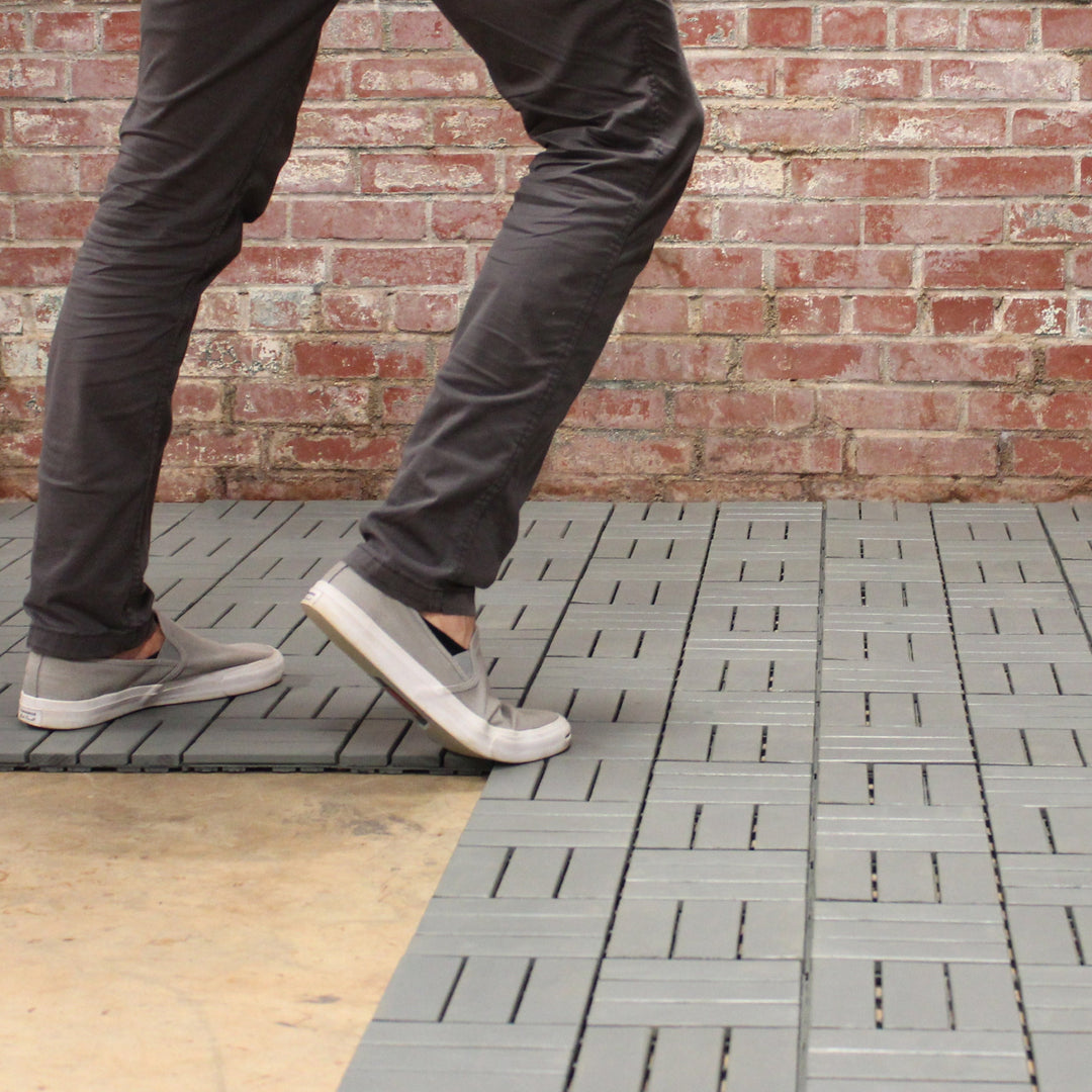 Modern Grey 12 Slat Checkered Acacia Deck Tiles - Interlocking Flooring