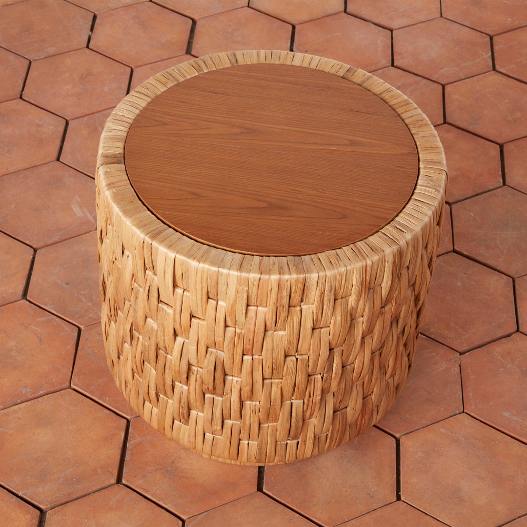 Puebla Handwoven Side Table β Teak & Seagrass Accent Table