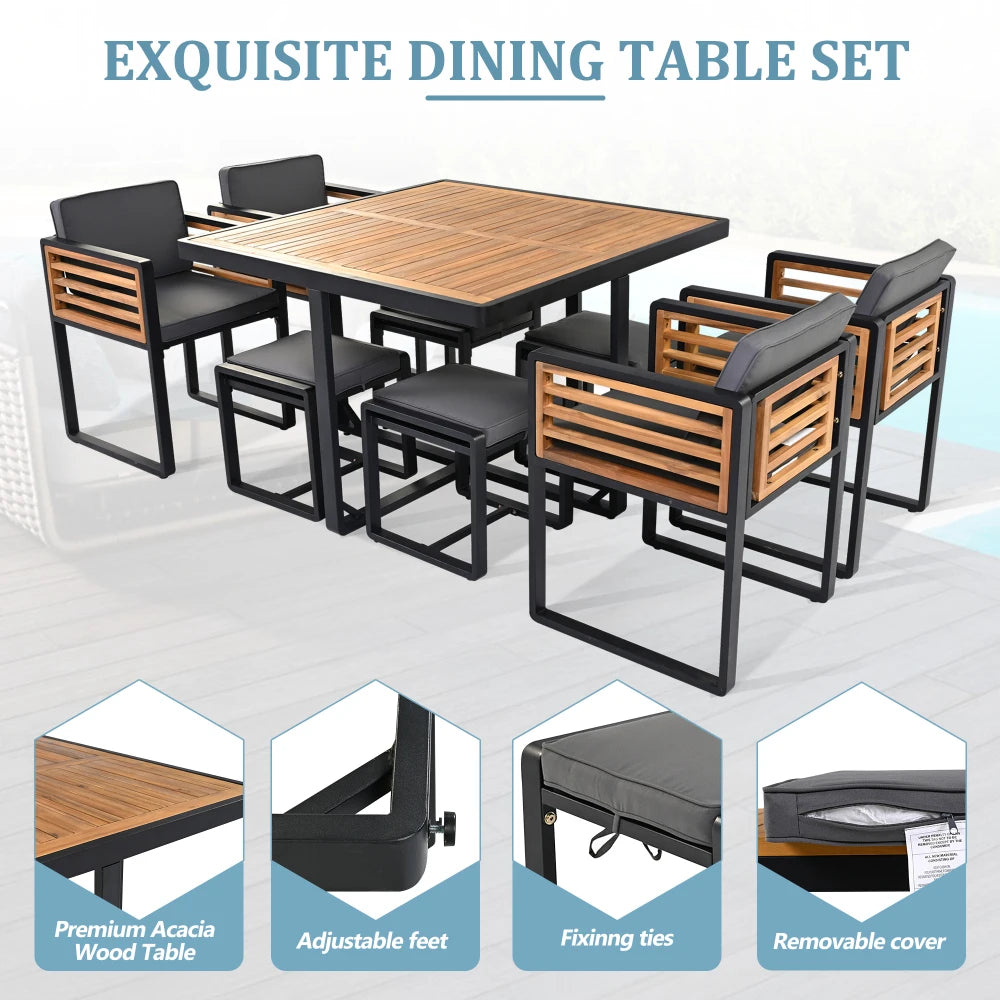 9-Piece Acacia Wood Patio Dining Set with Cushions, Space-Saving