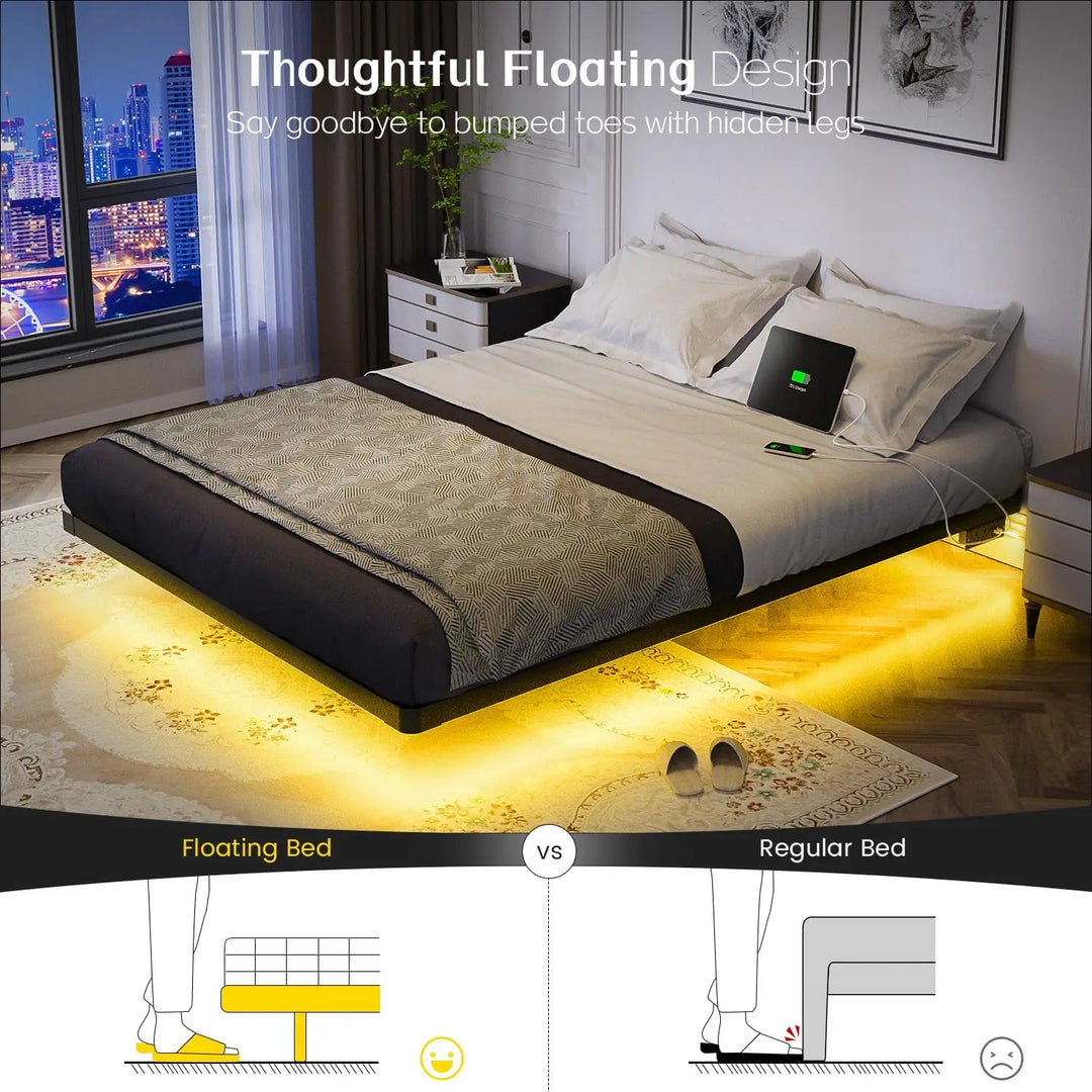 Queen Floating Bed Frame with Smart LED Lights, Charging Station