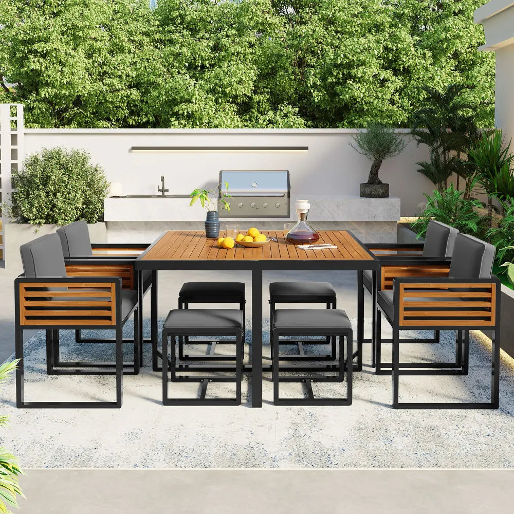 9-Piece Acacia Wood Patio Dining Set with Cushions, Space-Saving