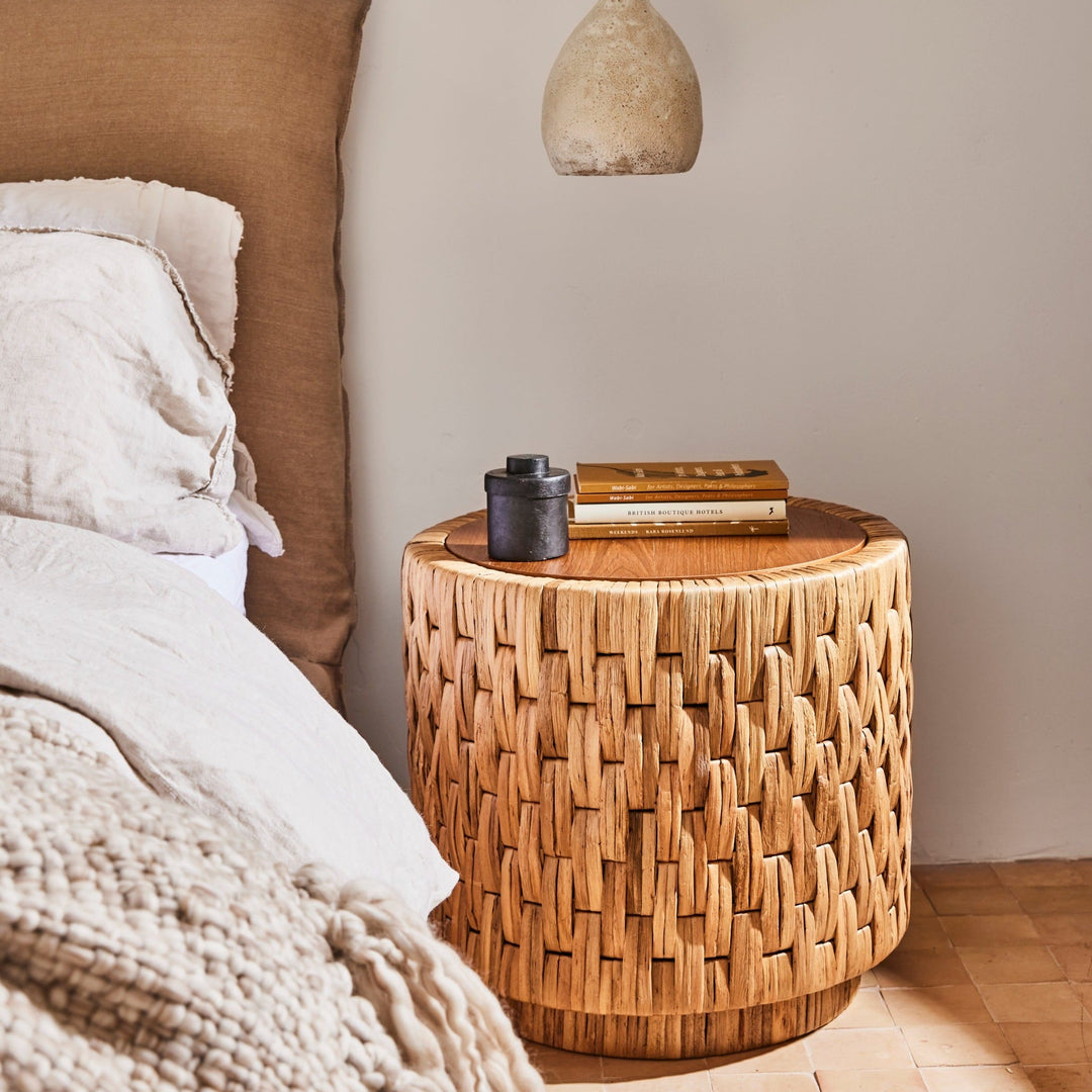 Puebla Handwoven Side Table β Teak & Seagrass Accent Table