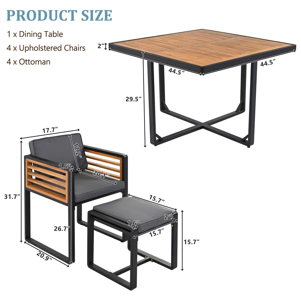 9-Piece Acacia Wood Patio Dining Set with Cushions, Space-Saving