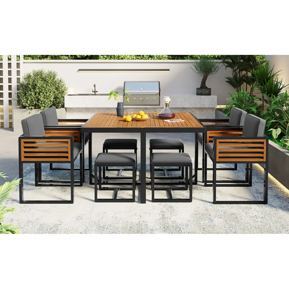 9-Piece Acacia Wood Patio Dining Set with Cushions, Space-Saving