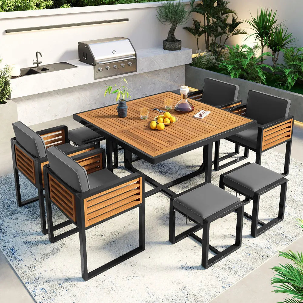 9-Piece Acacia Wood Patio Dining Set with Cushions, Space-Saving