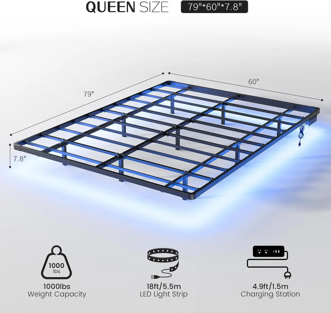 Queen Floating Bed Frame with Smart LED Lights, Charging Station