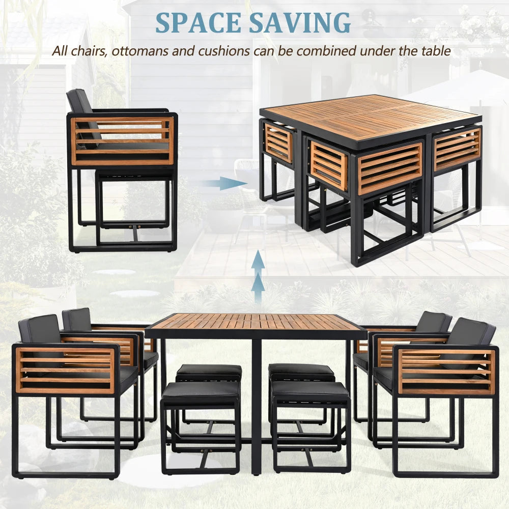 9-Piece Acacia Wood Patio Dining Set with Cushions, Space-Saving