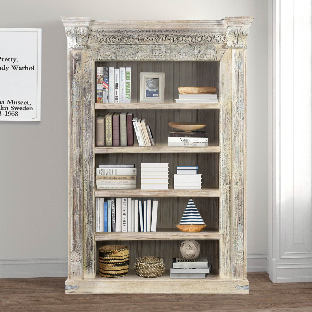 Antique Doorframe Bookcase with Corbels β 55" Distressed White
