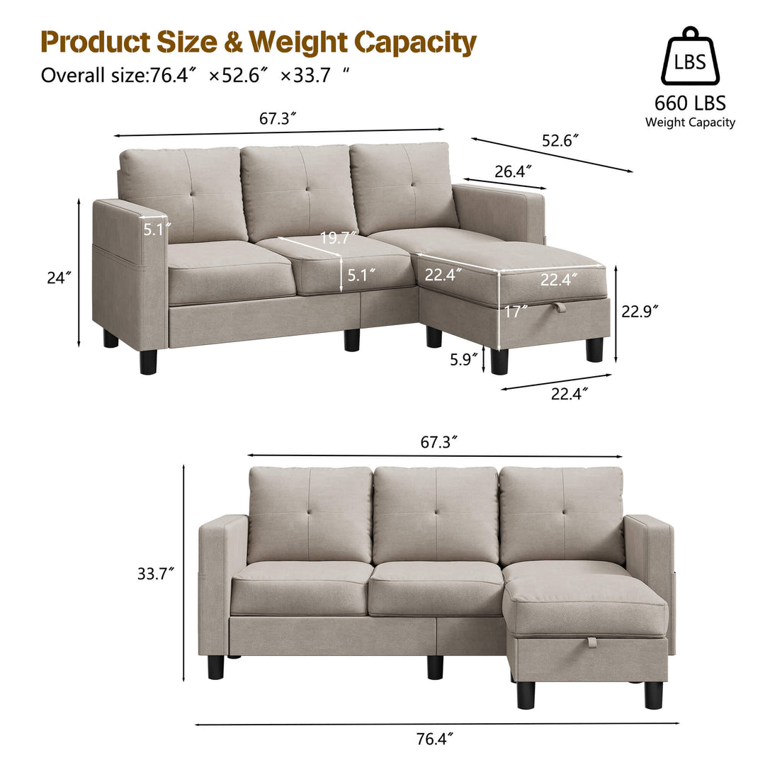 3-Seat Modern Sectional Sofa with Reversible Chaise – Contemporary Comfort for Modern Living