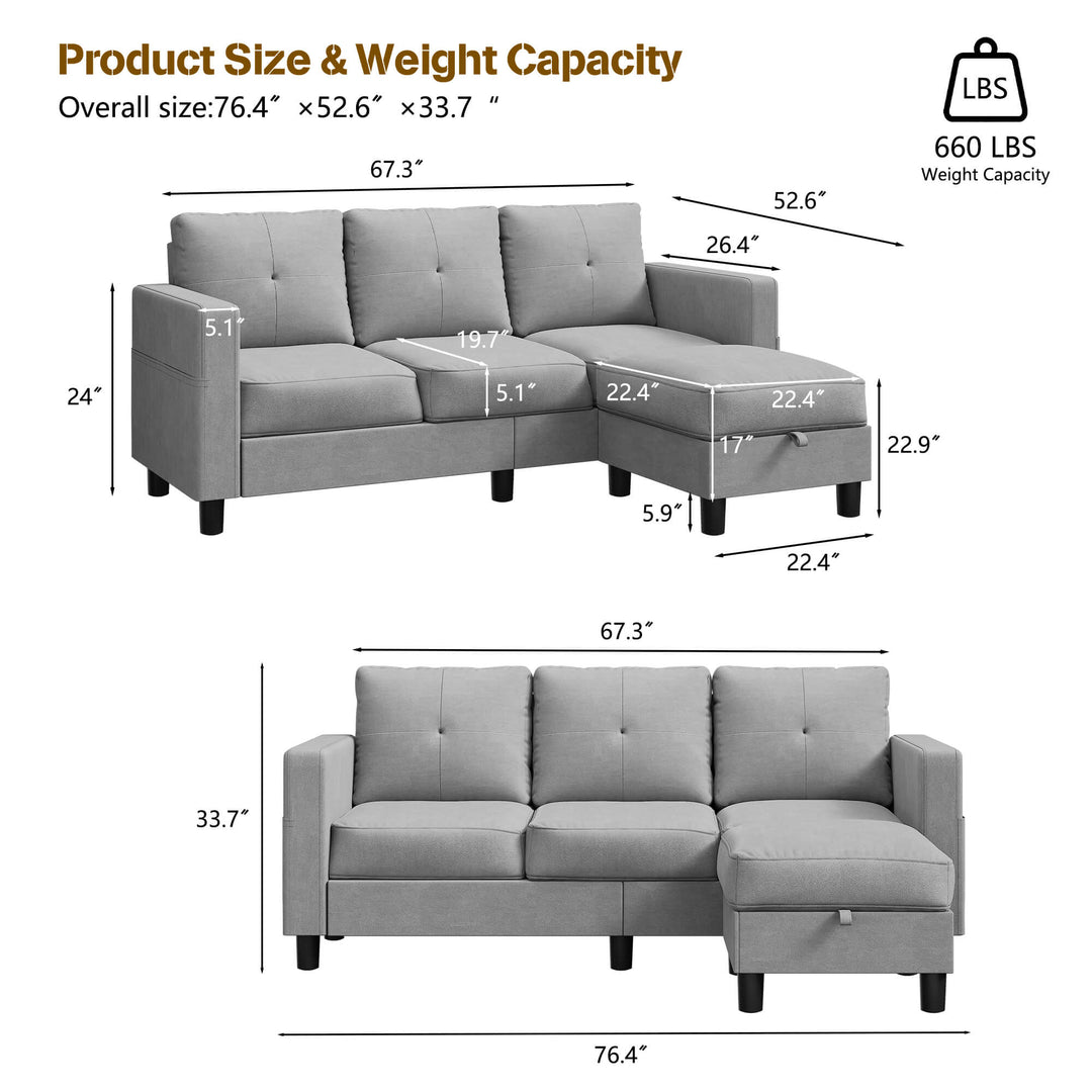 3-Seat Modern Sectional Sofa with Reversible Chaise – Contemporary Comfort for Modern Living