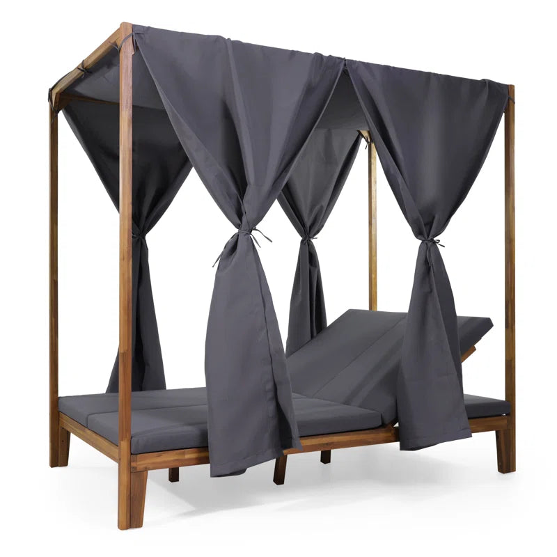 Acacia Wood Outdoor Patio Daybed | 51" Double Chaise with Adjustable Backrests & Canopy Frame