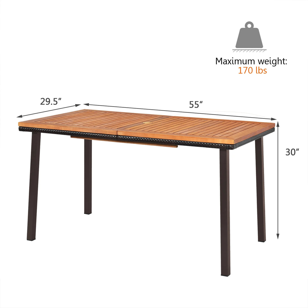 Outdoor Rectangle Acacia Wood Dining Table – 55” Patio Table with 2” Umbrella Hole and Steel Frame