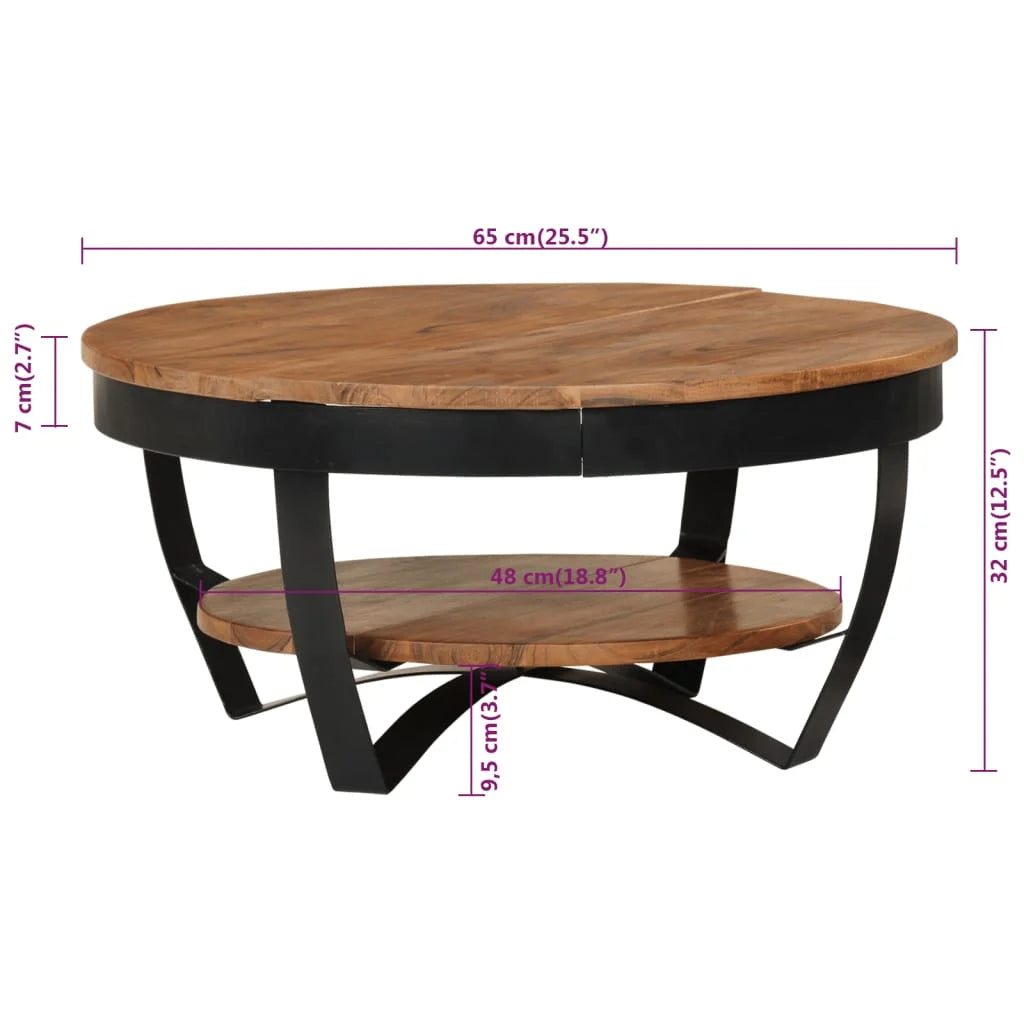 25.6" Solid Acacia Wood Coffee Table with Shelf – Industrial Style with Powder-Coated Steel Base
