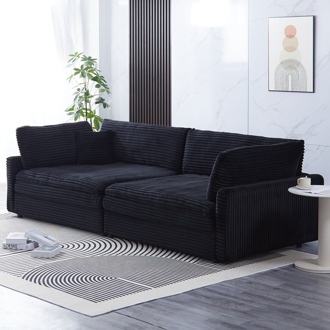 112-Inch Black Corduroy Sofa β Deep Seat, Double-Layer Cushion, 4-Seater with Pillows