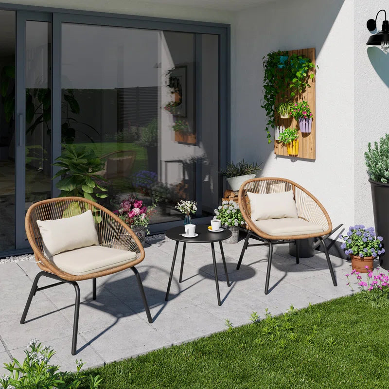 3-Piece Rattan Patio Bistro Set β Handwoven Chairs with Cushions & Round Coffee Table