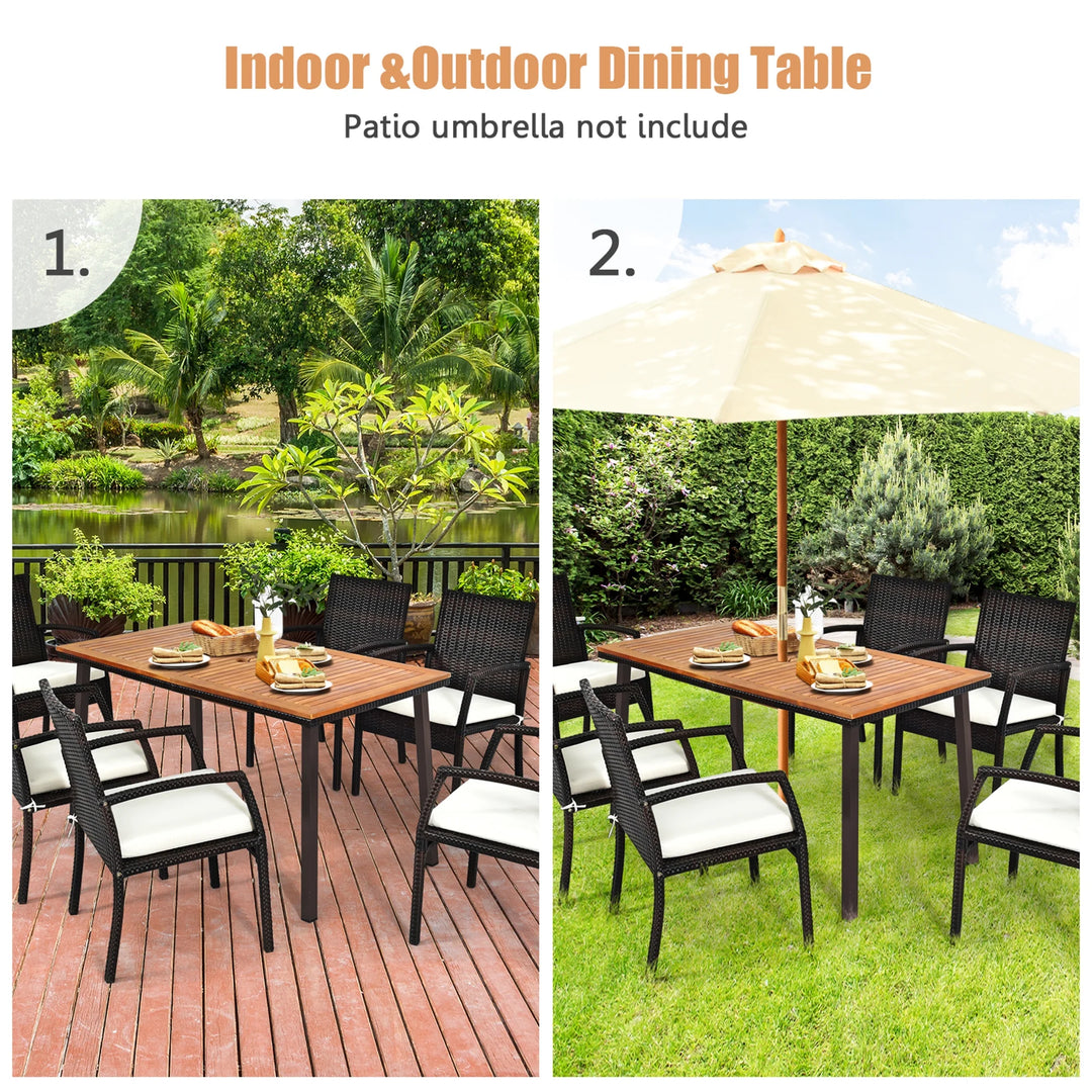 Outdoor Rectangle Acacia Wood Dining Table – 55” Patio Table with 2” Umbrella Hole and Steel Frame
