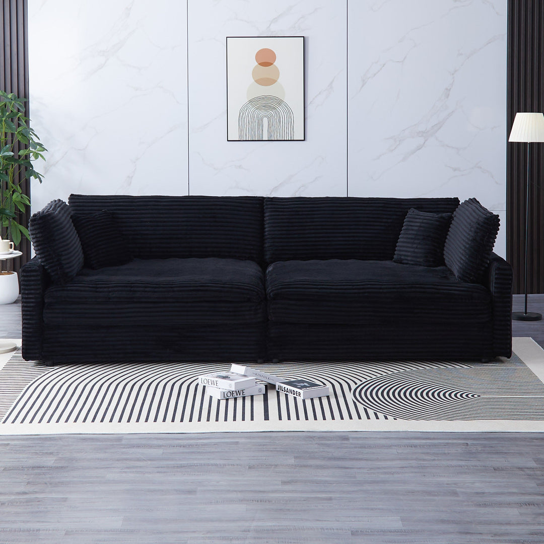 112-Inch Black Corduroy Sofa β Deep Seat, Double-Layer Cushion, 4-Seater with Pillows
