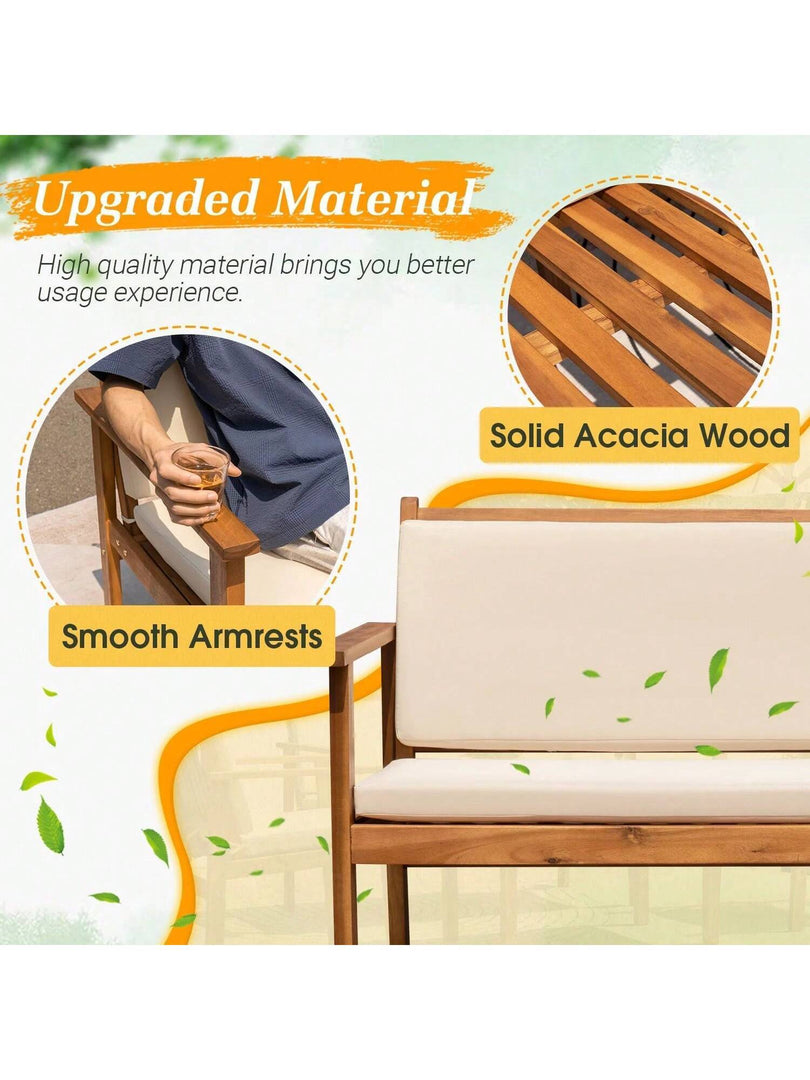 4-Piece Acacia Wood Outdoor Conversation Set | Beige Cushions & Side Table