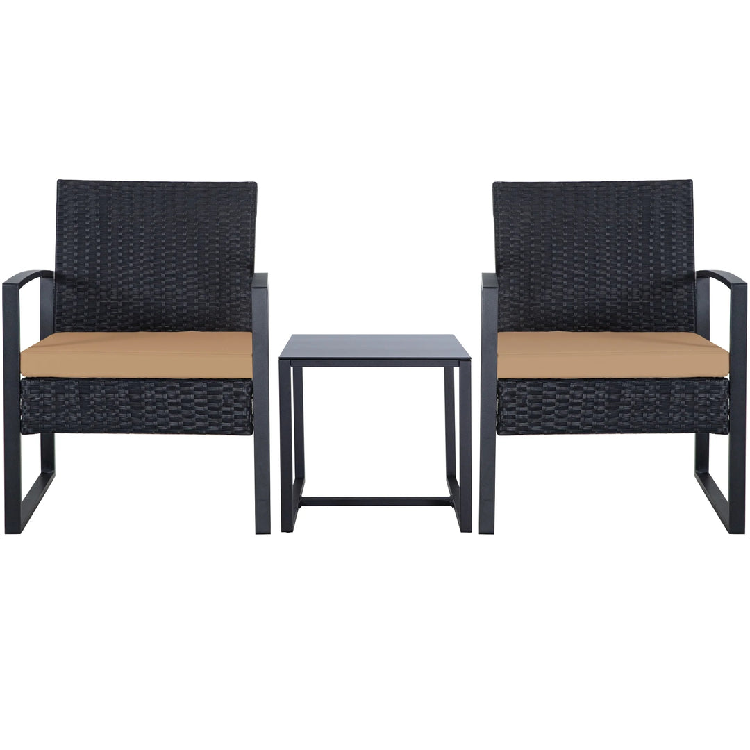 Ainfox 3-Piece Wicker Patio Bistro Set β Brown Rattan Outdoor Conversation Set with Cushioned Chairs & Glass-Top Coffee Table