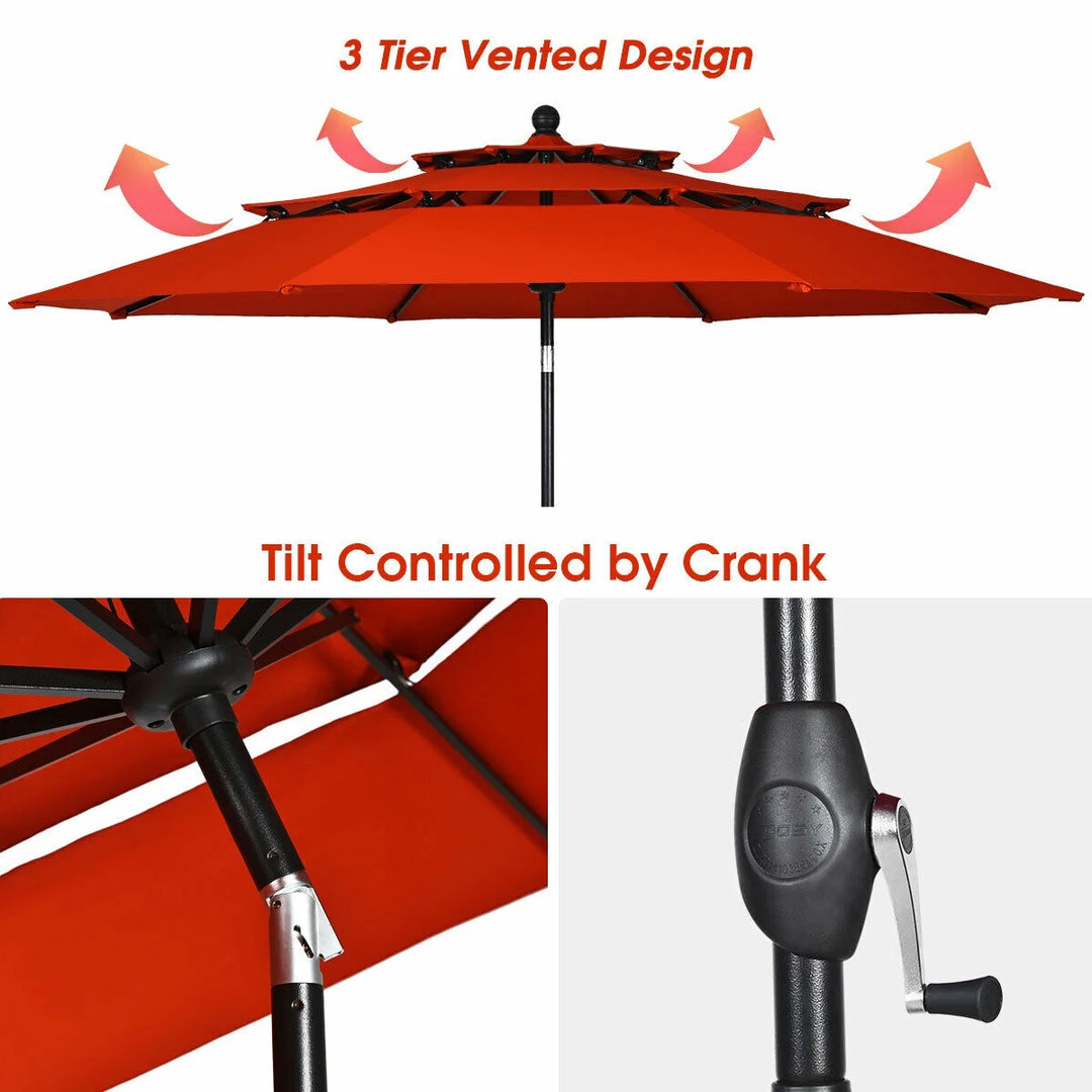 10ft Triple-Tier Patio Market Umbrella – Aluminum Frame, Crank Lift, Double Vented Sunshade in Burnt Orange