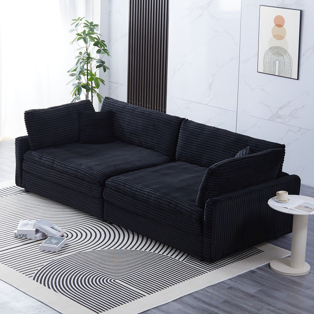 112-Inch Black Corduroy Sofa β Deep Seat, Double-Layer Cushion, 4-Seater with Pillows