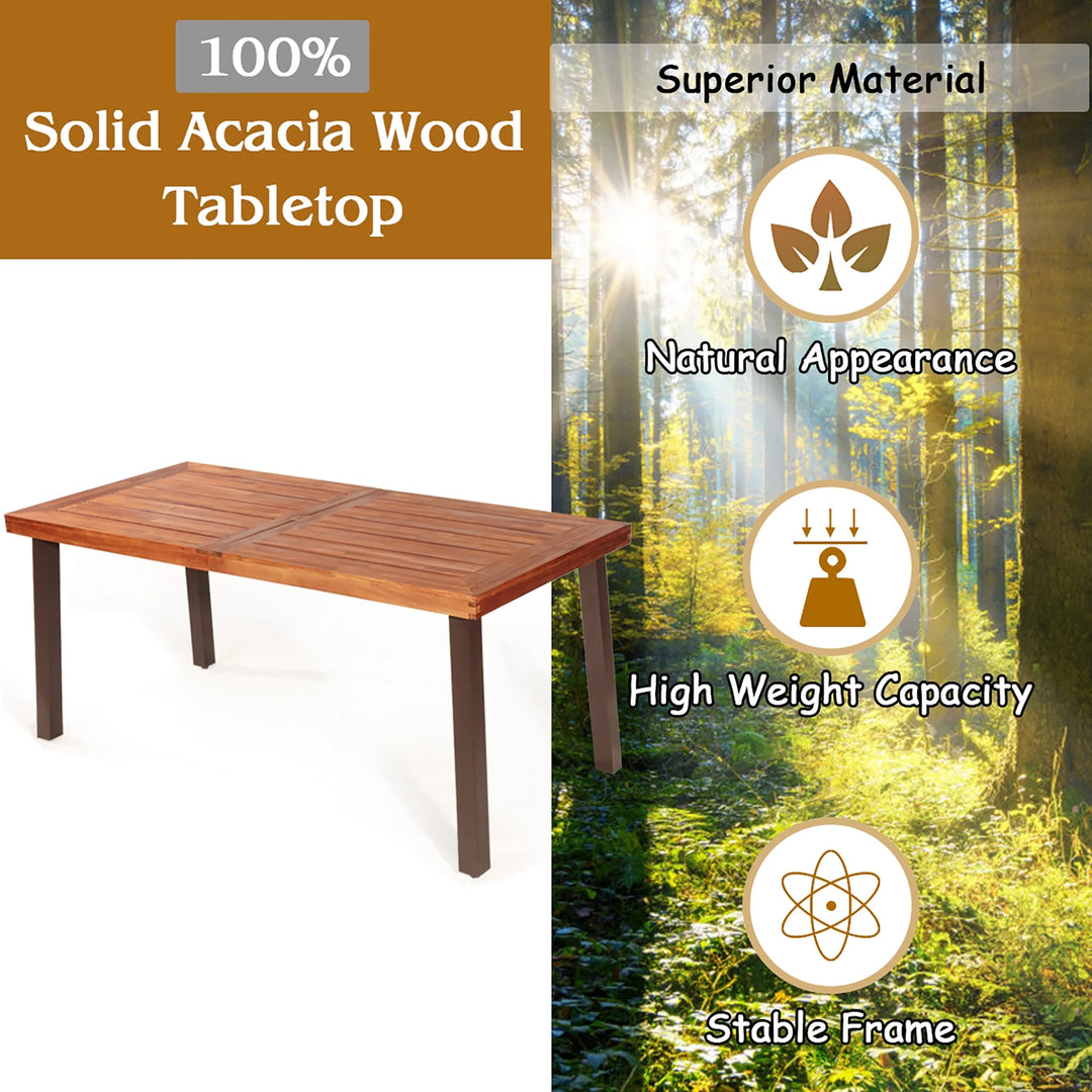 67.5" Rectangular Acacia Wood Dining Table – Indoor/Outdoor Rustic Table with Steel Legs & Umbrella Hole