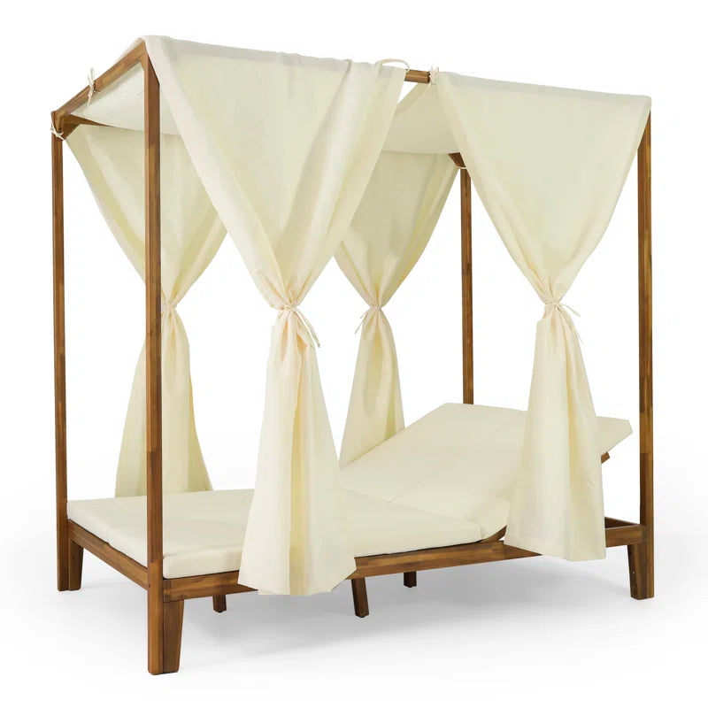 Acacia Wood Outdoor Patio Daybed | 51" Double Chaise with Adjustable Backrests & Canopy Frame