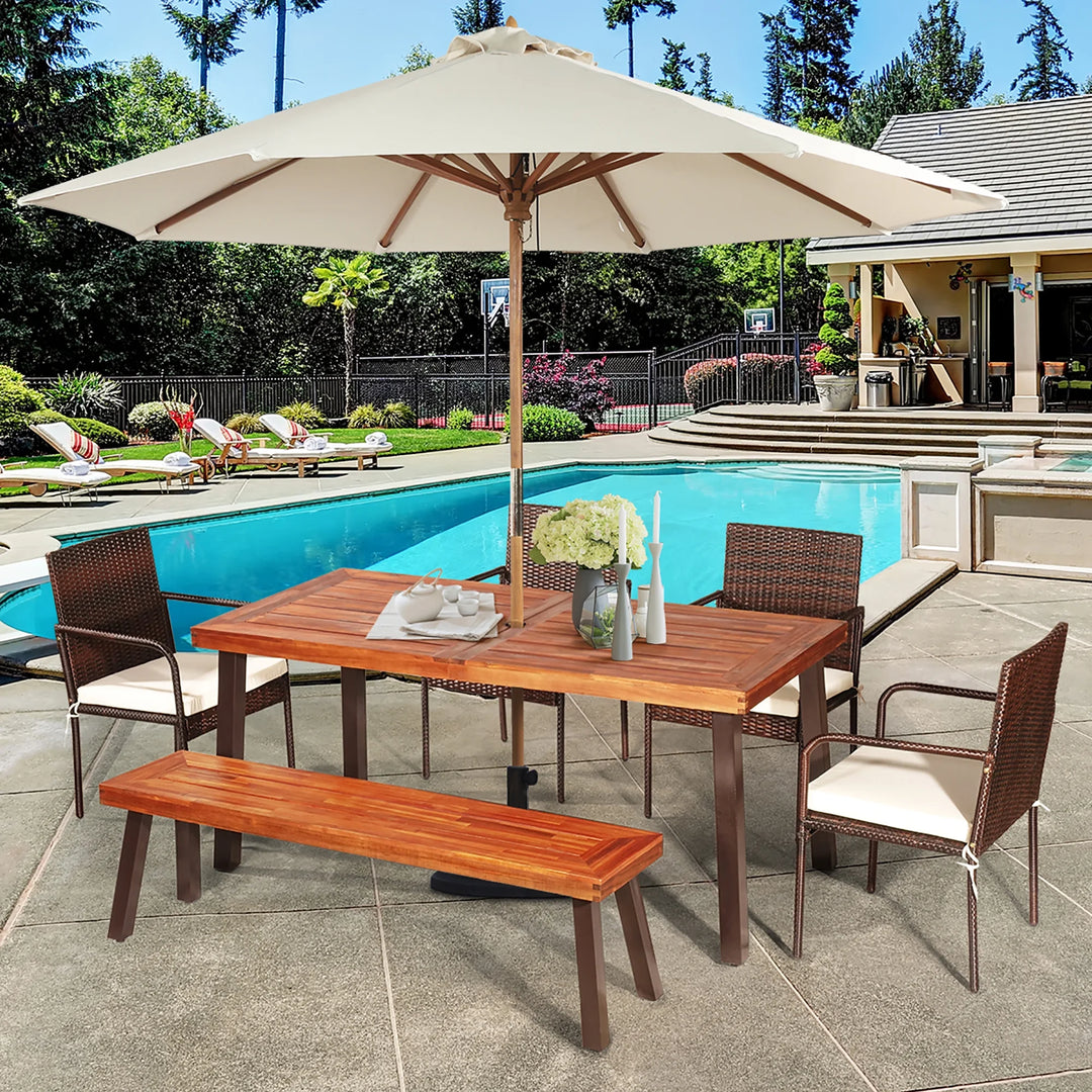 67.5" Rectangular Acacia Wood Dining Table – Indoor/Outdoor Rustic Table with Steel Legs & Umbrella Hole