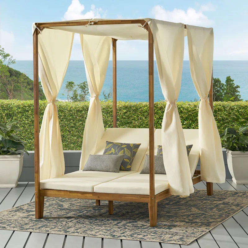 Acacia Wood Outdoor Patio Daybed | 51" Double Chaise with Adjustable Backrests & Canopy Frame
