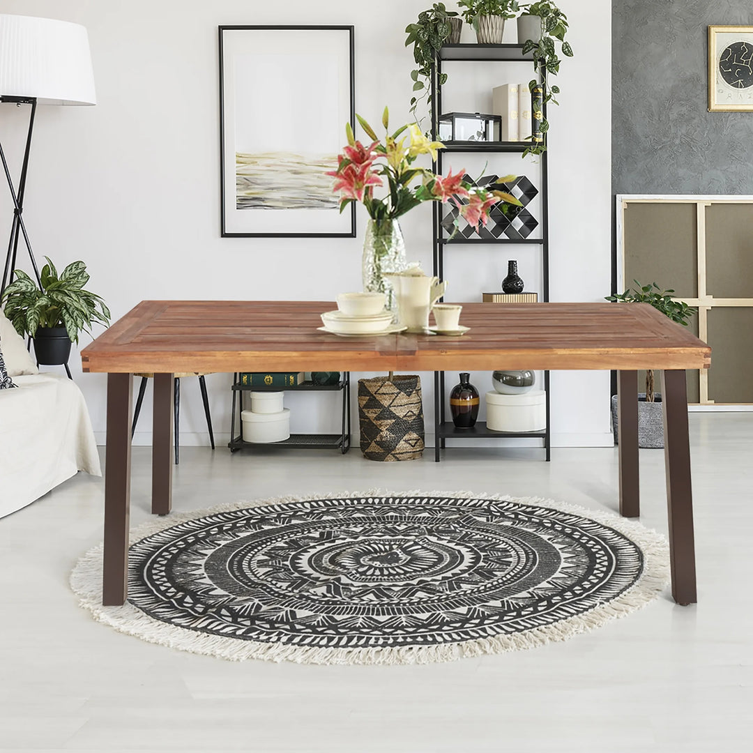 67.5" Rectangular Acacia Wood Dining Table – Indoor/Outdoor Rustic Table with Steel Legs & Umbrella Hole