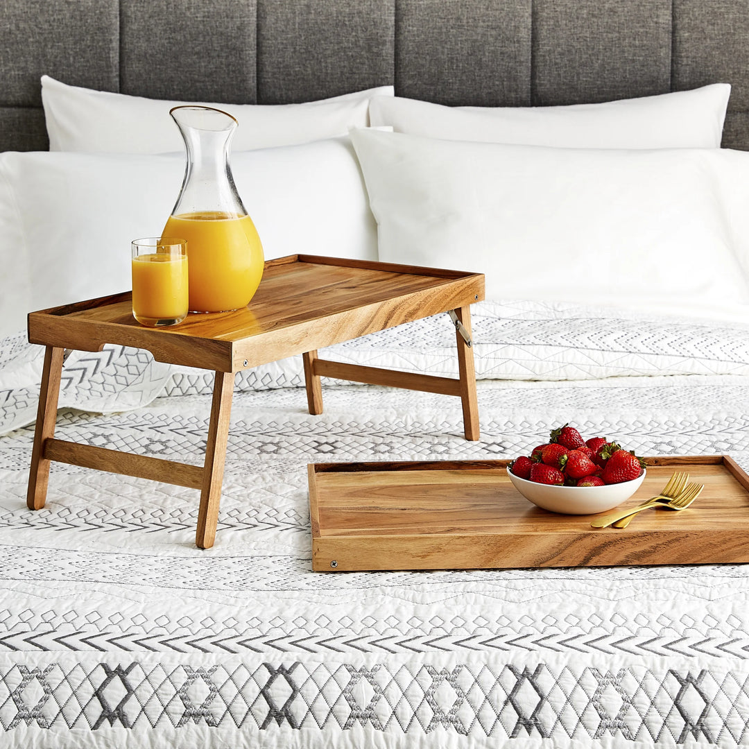 (4-Pack) Natural Acacia Wood Bed Trays with Foldable Stands | Breakfast & Laptop Tray Set