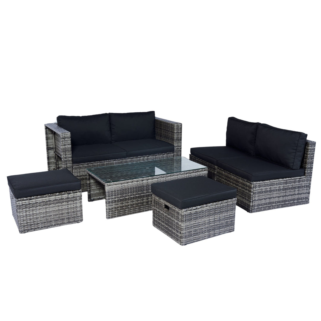 6-Piece Grey Wicker Patio Sectional Set with Black Cushions