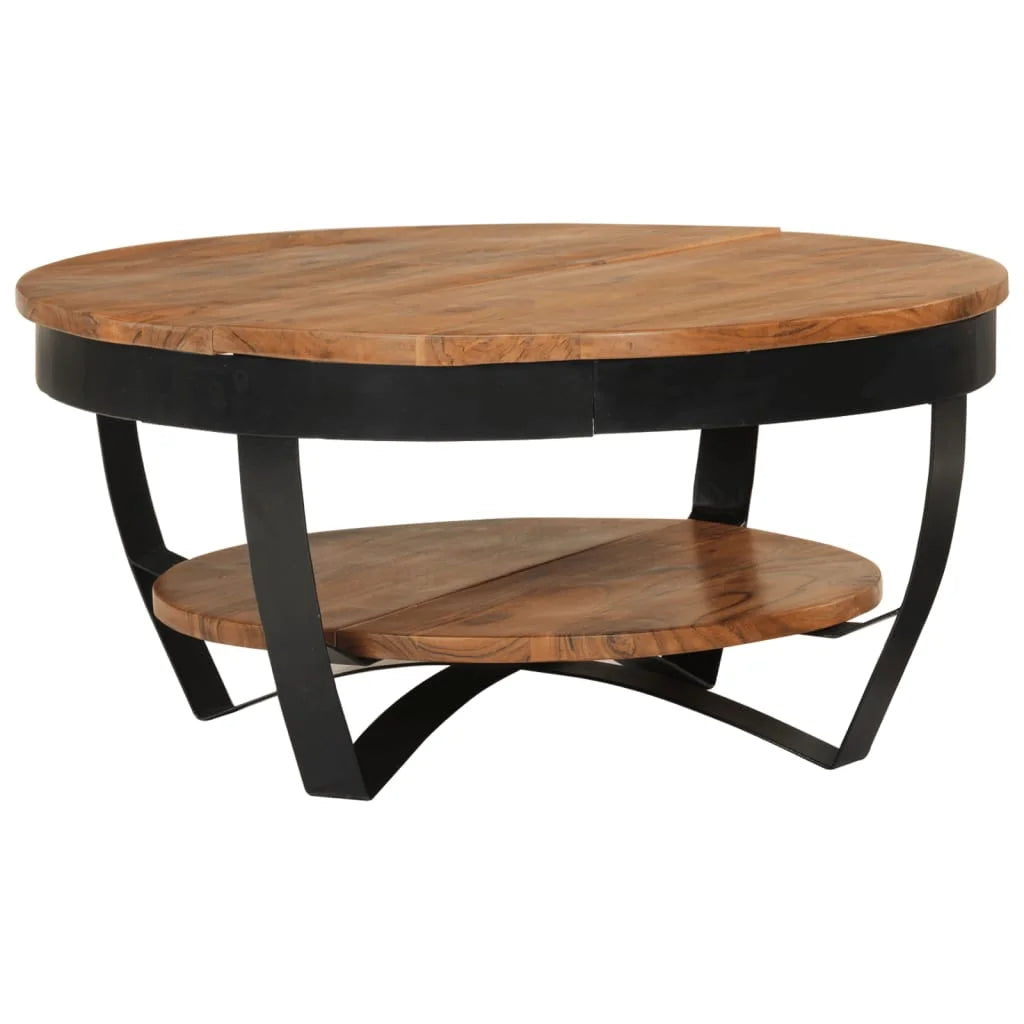 25.6" Solid Acacia Wood Coffee Table with Shelf – Industrial Style with Powder-Coated Steel Base