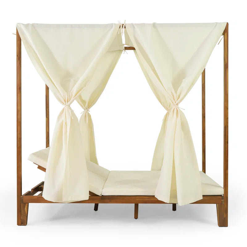 Acacia Wood Outdoor Patio Daybed | 51" Double Chaise with Adjustable Backrests & Canopy Frame